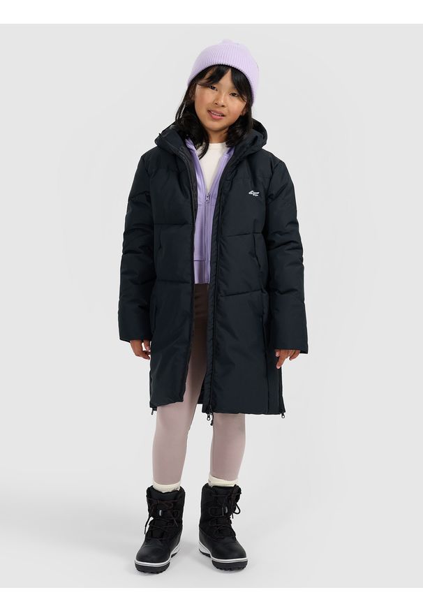 4f - 4F Płaszcz zimowy membrana 5000 dziewczęcy - czarny 122 (6-7 lat). Okazja: na co dzień, na uczelnię. Kolor: czarny. Materiał: poliester, materiał. Długość: do kolan. Wzór: gładki. Sezon: zima, lato. Styl: casual