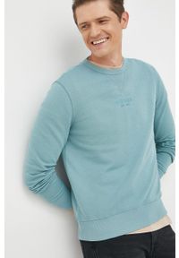 Guess bluza męska kolor turkusowy z aplikacją. Kolor: turkusowy. Materiał: bawełna. Wzór: aplikacja