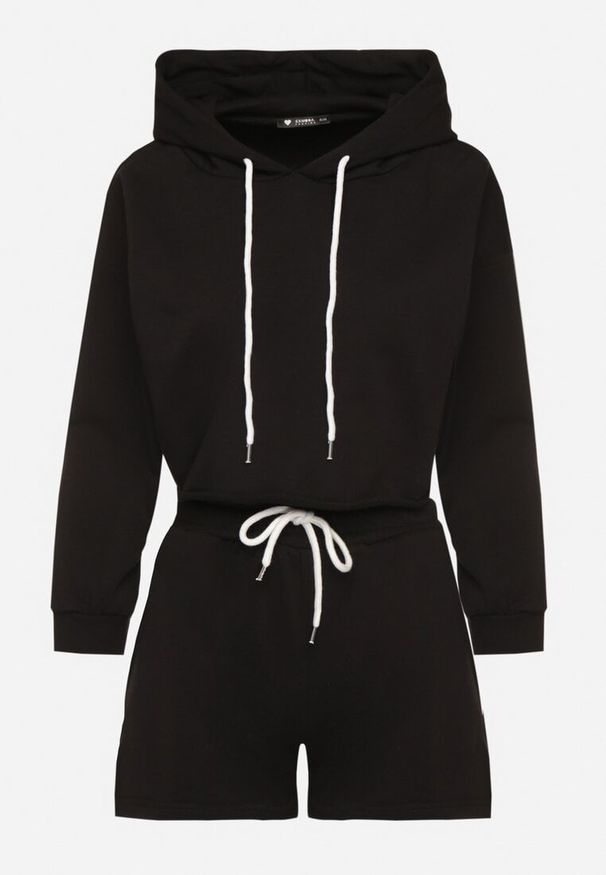Born2be - Czarny Komplet Dresowy z Bawełną Bluza z Kapturem Krótszego Kroju i Szorty Ralophea. Kolor: czarny. Materiał: dresówka, bawełna. Sport: turystyka piesza
