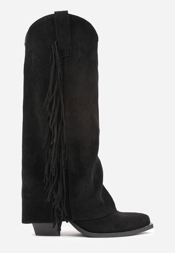 Born2be - Czarne Kozaki Kowbojki na Obcasie z Wywiniętą Cholewką z Frędzlami Monasatia. Okazja: do pracy. Kolor: czarny. Materiał: dzianina, jeans. Szerokość cholewki: normalna. Wzór: aplikacja. Obcas: na obcasie. Styl: klasyczny, elegancki. Wysokość obcasa: średni