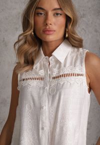 Renee - Biała Boho Koszula z Wiskozy Bez Rękawów Zdobiona Haftem Melirianne. Kolor: biały. Materiał: wiskoza. Długość rękawa: bez rękawów. Wzór: haft, aplikacja. Sezon: lato. Styl: boho #7