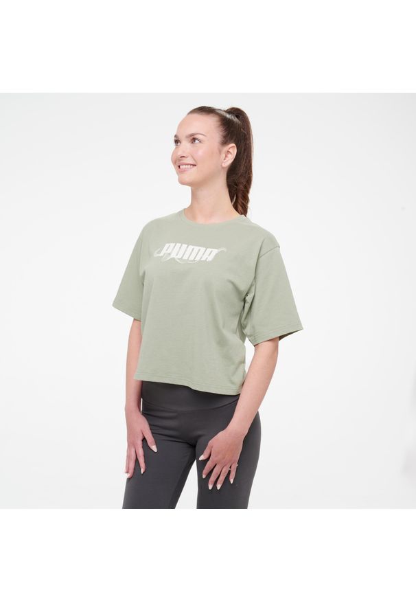 Koszulka damska Puma Gym & Pilates crop. Kolor: zielony. Materiał: bawełna. Sport: joga i pilates