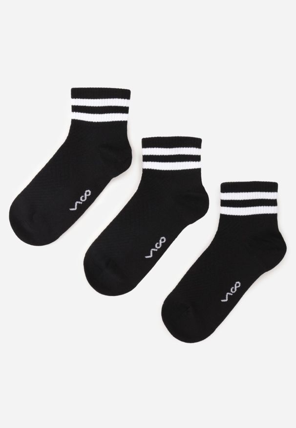 Born2be - Czarne 3-Pack Skarpety z Bawełny Zdobione Paskami przy Ściągaczu Fardrei. Kolor: czarny. Materiał: bawełna. Wzór: aplikacja
