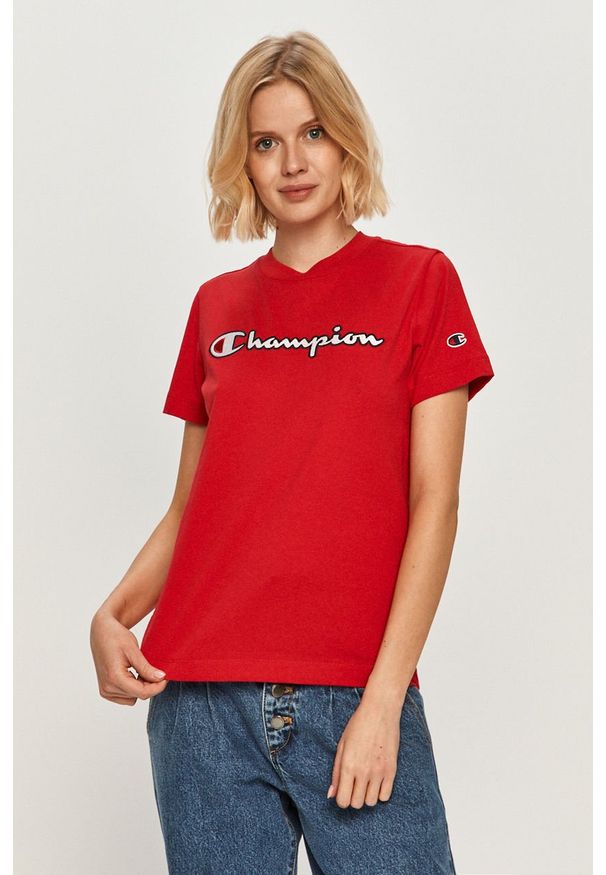 Champion - T-shirt. Okazja: na co dzień. Kolor: czerwony. Materiał: bawełna, dzianina. Wzór: aplikacja. Styl: casual