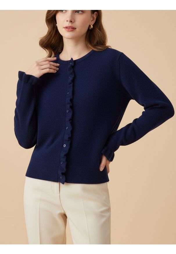 Sinsay - Kardigan z falbaną przy zapięciu - granatowy. Kolor: niebieski