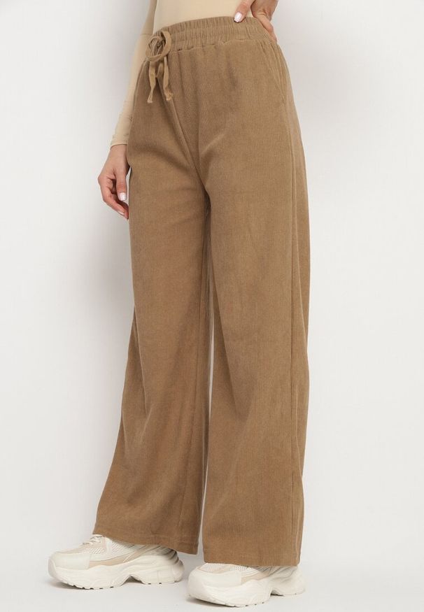 Born2be - Ciemnobeżowe Szerokie Spodnie z Wysokim Stanem Wiązane Sznurkiem Cosetta. Okazja: na co dzień. Stan: podwyższony. Kolor: beżowy. Styl: elegancki, casual