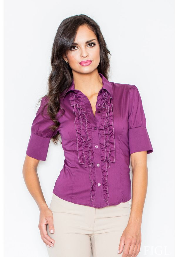 Figl - Elegancka Koszula z Falbankami w Kolorze Bakłażanu. Typ kołnierza: kołnierz z falbankami. Materiał: nylon, bawełna, lycra. Styl: elegancki