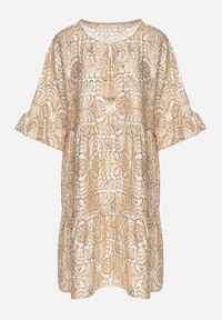 Born2be - Beżowa Sukienka z Lnem o Rozkloszowanym Kroju z Falbanami i Metalicznym Nafrukiem Rinanis. Okazja: na co dzień. Typ kołnierza: dekolt w serek. Kolor: beżowy. Materiał: len. Wzór: aplikacja. Styl: casual, elegancki, klasyczny #5