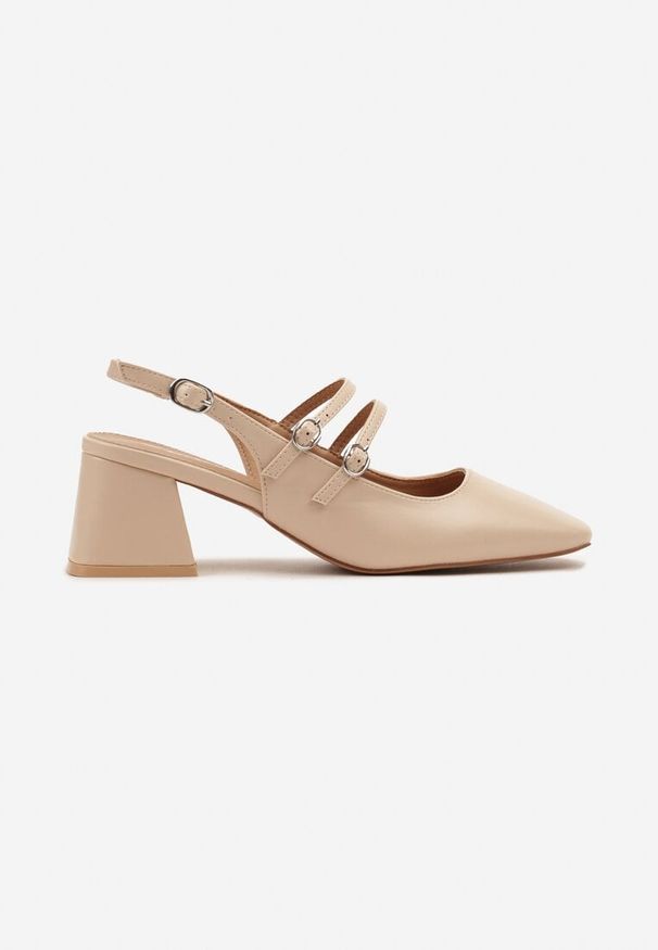 Renee - Beżowe Czółenka z Ekoskóry Typu Slingback na Słupku z Trzema Sprzączkami Qrevia. Okazja: na co dzień. Zapięcie: sprzączka. Kolor: beżowy. Wzór: paski. Obcas: na słupku. Styl: casual