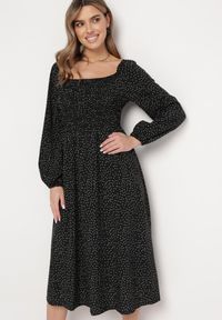 Born2be - Czarna Sukienka Midi Rozkloszowana z Hiszpańskim Dekoltem w Kropki Wirina. Kolor: czarny. Wzór: kropki. Typ sukienki: rozkloszowane. Długość: midi #3