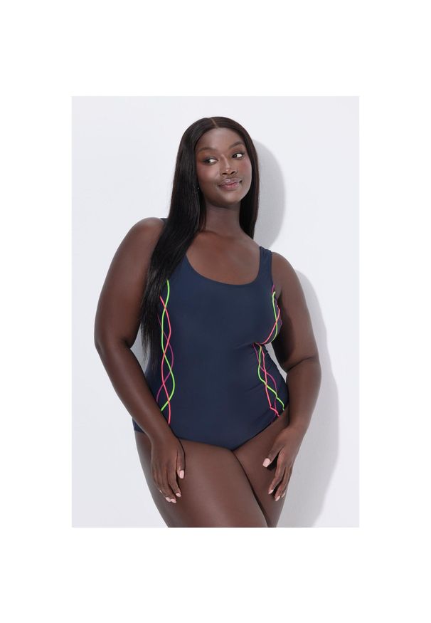 ULLA POPKEN - Damski Strój kąpielowy lamówki bez miękkich miseczek pas pod biustem. Kolekcja: plus size. Kolor: niebieski. Materiał: elastan, materiał, poliamid