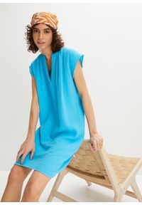 bonprix - Sukienka muślinowa ze zrównoważonej wiskozy. Typ kołnierza: dekolt w serek. Kolor: niebieski. Materiał: wiskoza #1