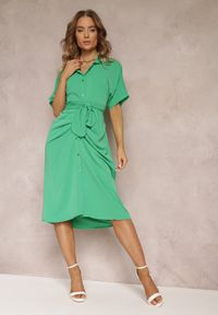 Renee - Zielona Sukienka Koszulowa Wiązana z Przodu z Marszczeniem Raimona. Okazja: na co dzień. Kolor: zielony. Materiał: skóra. Typ sukienki: koszulowe. Styl: elegancki, casual