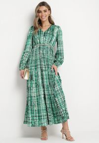 Born2be - Zielona Sukienka Maxi z Gumką w Talii i Plisowanym Dołem w Tweedowy Wzór Viostana. Okazja: na co dzień. Kolor: zielony. Typ sukienki: proste. Styl: casual, retro, elegancki, klasyczny. Długość: maxi #3