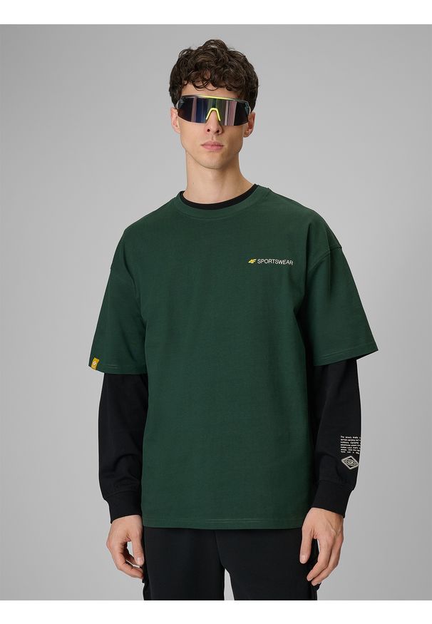 4f - 4F T-shirt loose z nadrukiem męski - zielony M. Okazja: na co dzień. Kolor: zielony. Materiał: dzianina, bawełna, materiał. Długość: długie. Wzór: nadruk. Styl: casual