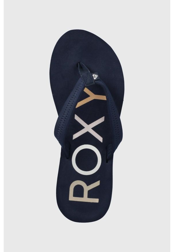 Roxy japonki damskie kolor granatowy na płaskim obcasie. Kolor: niebieski. Materiał: materiał, guma. Wzór: gładki. Obcas: na obcasie. Wysokość obcasa: niski