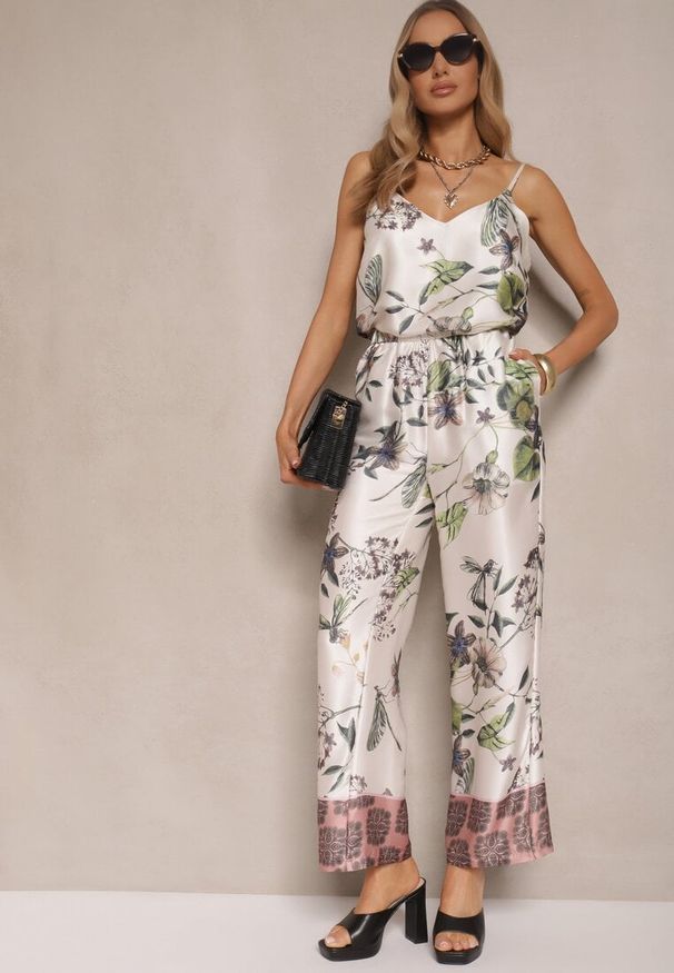 Renee - Beżowe Spodnie z Wiskozą o Szerokim Kroju High Waist w Kwiaty Davilsa. Okazja: na co dzień. Stan: podwyższony. Kolor: beżowy. Materiał: wiskoza. Wzór: kwiaty. Styl: casual