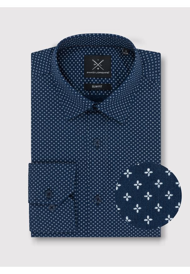 PAKO LORENTE – Granatowa koszula w drobny wzór P24SF-1X-027-G-S - Pako Lorente. Okazja: na co dzień. Kolor: niebieski. Materiał: elastan, jeans. Styl: casual