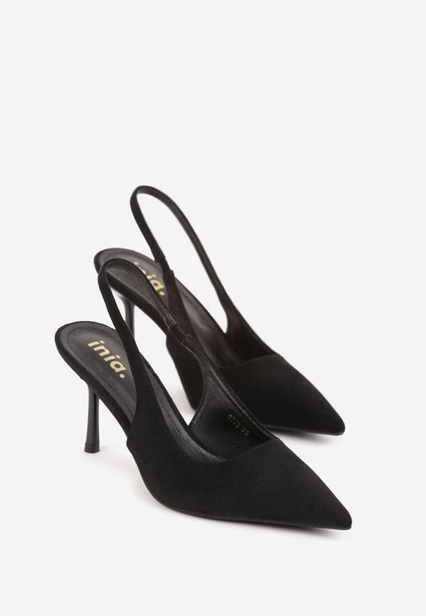 Renee - Czarne Sandały Slingback na Szpilce z Imitacji Zamszu Carilona. Kolor: czarny. Materiał: zamsz. Obcas: na szpilce. Styl: elegancki, wizytowy