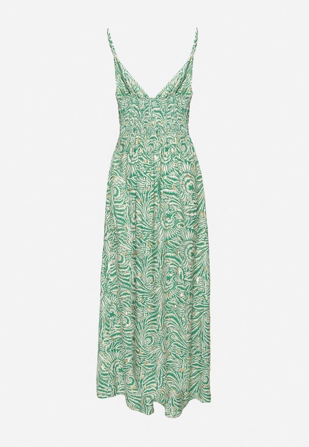 Born2be - Zielona Bawełniana Sukienka na Regulowanych Ramiączkach z Kopertowym Dekoltem Desvima. Okazja: na co dzień. Kolor: zielony. Materiał: bawełna. Długość rękawa: na ramiączkach. Wzór: nadruk. Sezon: lato. Typ sukienki: kopertowe. Styl: klasyczny, casual, elegancki