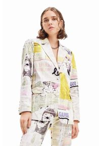 Desigual marynarka kolor biały jednorzędowa wzorzysta. Okazja: na co dzień. Kolor: biały. Materiał: bawełna. Wzór: aplikacja. Styl: casual #1