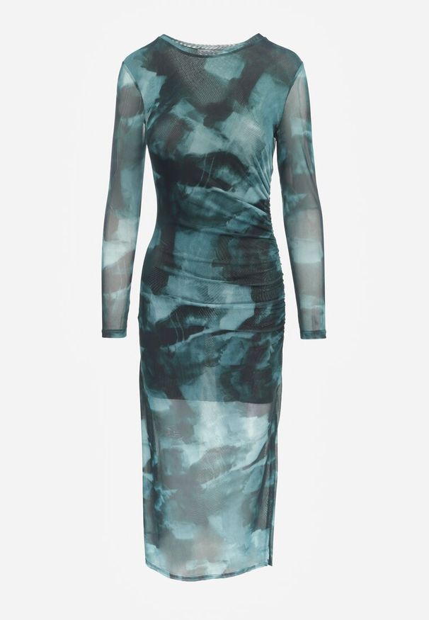 Renee - Zielona Dopasowana Sukienka Siateczkowa Maxi z Rozcięciem i Marszczeniem Soininen. Kolor: zielony. Materiał: tkanina. Wzór: nadruk. Typ sukienki: dopasowane. Styl: elegancki. Długość: maxi