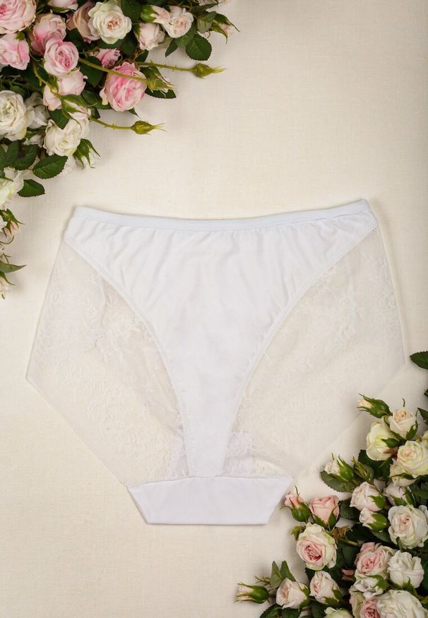 Renee - Białe Koronkowe Majtki z Wysoką Talią o Fasonie Fig Tamava. Stan: podwyższony. Kolekcja: plus size. Kolor: biały. Materiał: koronka. Wzór: koronka