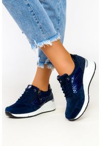 Filippo - Granatowe sneakersy filippo skórzane buty sportowe sznurowane z ozdobnym suwakiem dp2052/21nv. Kolor: niebieski. Materiał: skóra