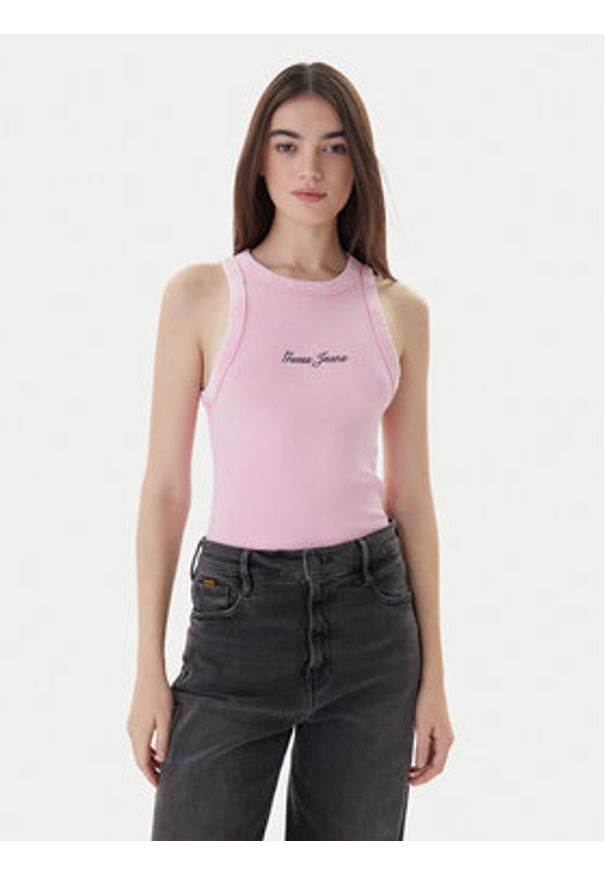 Guess Jeans Top W6RP23 KA0H1 Różowy Classic Fit. Kolor: różowy. Materiał: bawełna