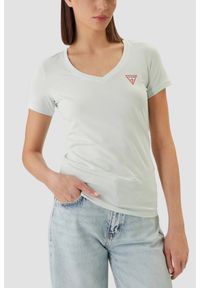 Guess - GUESS Miętowy damski t-shirt na krótki rękaw V-Neck Mini Triangle, Rozmiar L. Okazja: na co dzień. Typ kołnierza: dekolt w serek. Kolor: niebieski. Długość rękawa: krótki rękaw. Długość: krótkie. Styl: elegancki, casual #1