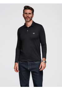 Ombre Clothing - Polo koszulka z długim rękawem zapinana na eleganckie, brandowane guziki – czarna V1 - Rozmiar: XXL. Okazja: na co dzień. Typ kołnierza: polo. Kolor: czarny. Materiał: nylon, elastan, skóra, dzianina. Długość rękawa: długi rękaw. Długość: długie. Styl: elegancki