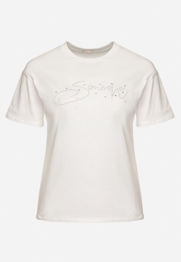 Born2be - Biały Bawełniany T-shirt z Ozdobnym Napisem i Cyrkoniami Olisandra. Okazja: na co dzień. Kolekcja: plus size. Kolor: biały. Materiał: bawełna. Wzór: napisy. Styl: klasyczny, casual