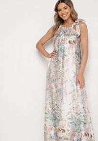 Born2be - Biała Satynowa Sukienka w Kwiaty z Ozdobnym Wiązaniem Fenasella. Okazja: na co dzień. Kolor: biały. Materiał: satyna. Wzór: kwiaty. Typ sukienki: proste. Styl: wizytowy, klasyczny, casual, elegancki #5