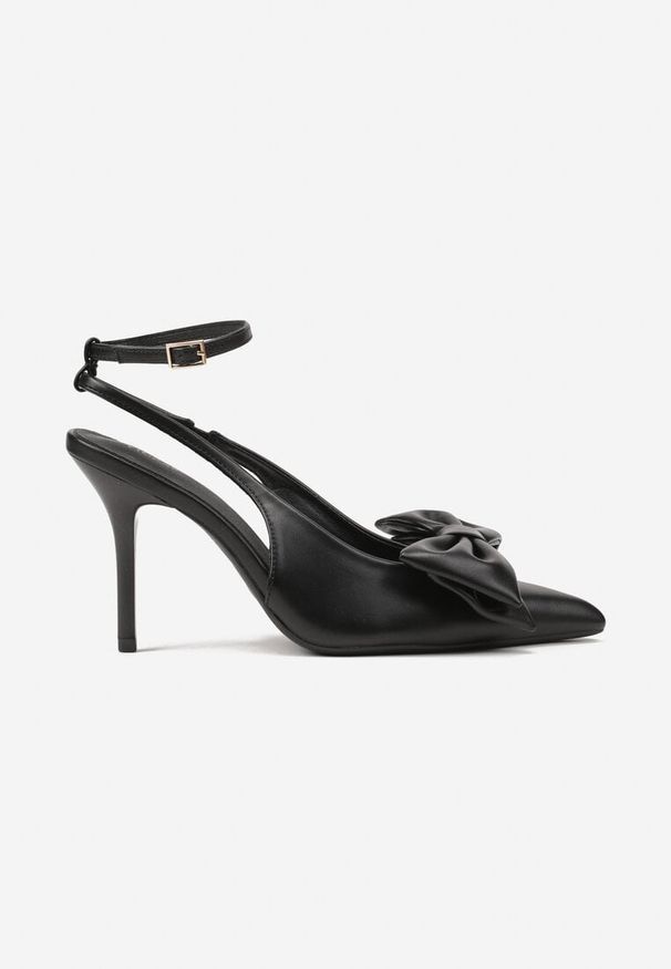Renee - Czarne Sandały Vices na Szpilce Slingback Ozdobione Kokardą Tilvanea. Okazja: na co dzień. Zapięcie: sprzączka. Kolor: czarny. Wzór: aplikacja. Obcas: na szpilce. Styl: elegancki, casual