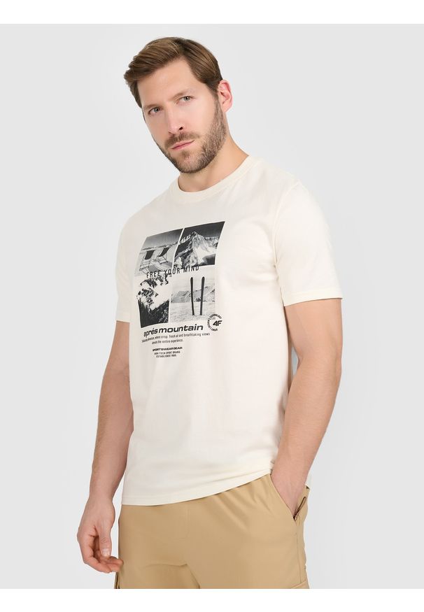 4f - 4F T-shirt regular z nadrukiem męski - beżowy XXL. Okazja: na co dzień. Kolor: beżowy. Materiał: dzianina, bawełna, materiał. Wzór: nadruk. Styl: casual