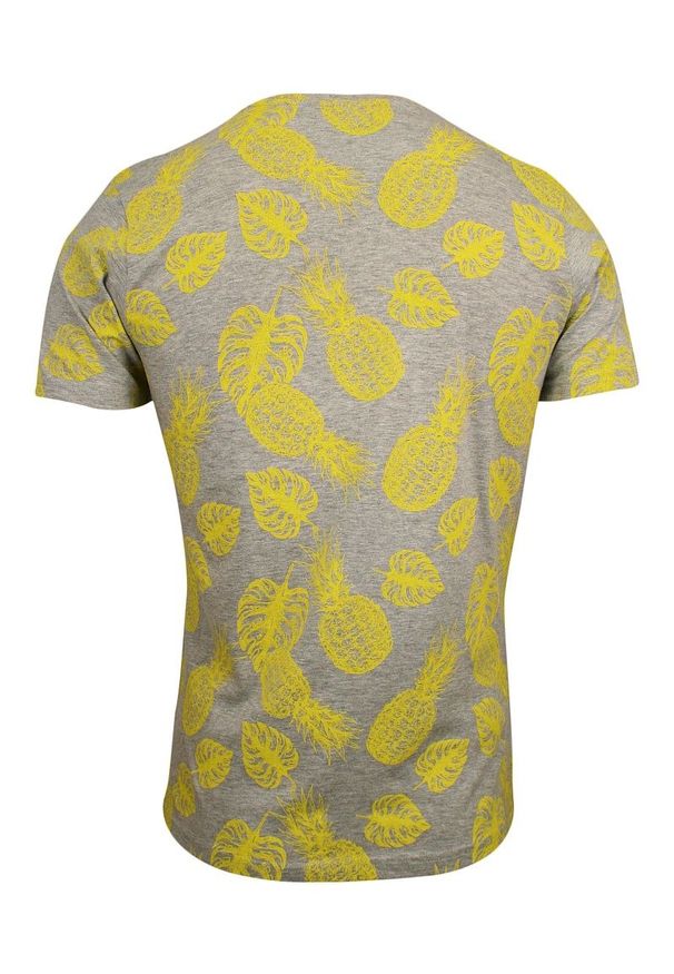 Szary T-Shirt (Koszulka) z Nadrukiem -Brave Soul- Męski, w Żółte Ananasy, Owoce, z Kieszonką. Okazja: na co dzień. Kolor: złoty, wielokolorowy, żółty. Materiał: wiskoza, bawełna. Wzór: nadruk. Styl: casual