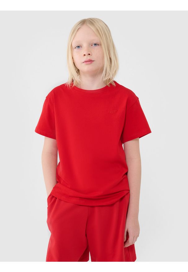 4f - 4F T-shirt oversize gładki chłopięcy - czerwony 140 (9-10 lat). Okazja: na co dzień. Kolor: czerwony. Materiał: jersey, bawełna, dzianina. Długość rękawa: krótki rękaw. Długość: krótkie. Wzór: gładki. Sezon: lato. Styl: casual, klasyczny, sportowy