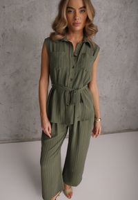 Renee - Ciemnozielony Komplet z Wiskozy Spodnie Wide Leg i Koszula Bez Rękawów z Paskiem Adduin. Kolor: zielony. Materiał: wiskoza #1