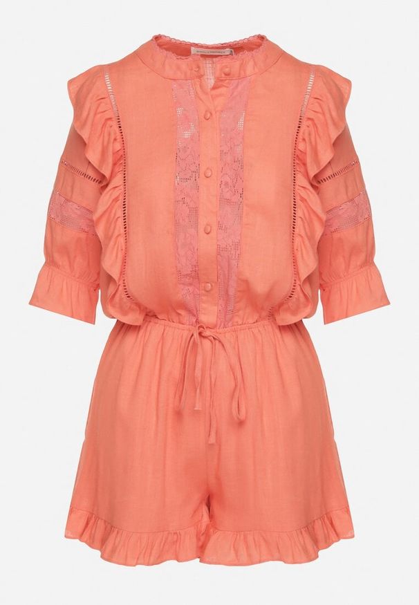 Born2be - Pomarańczowy Kombinezon z Lnu i Wiskozy w Stylu Boho z Falbankami i Koronką Linalisse. Okazja: na co dzień. Kolor: pomarańczowy. Materiał: len, wiskoza, koronka. Wzór: koronka. Styl: boho