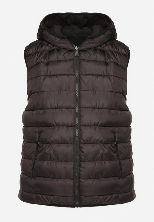 Born2be - Czarna Dwustronna Kamizelka z Kapturem Zdobiona Pikowanymi Przeszyciami Tuliona. Okazja: na spacer. Typ kołnierza: kaptur. Kolekcja: plus size. Kolor: czarny. Materiał: jeans. Wzór: aplikacja. Styl: elegancki