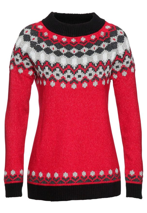 Sweter w norweski wzór bonprix czerwony. Kolor: czerwony. Materiał: poliester, elastan, materiał, akryl, włókno