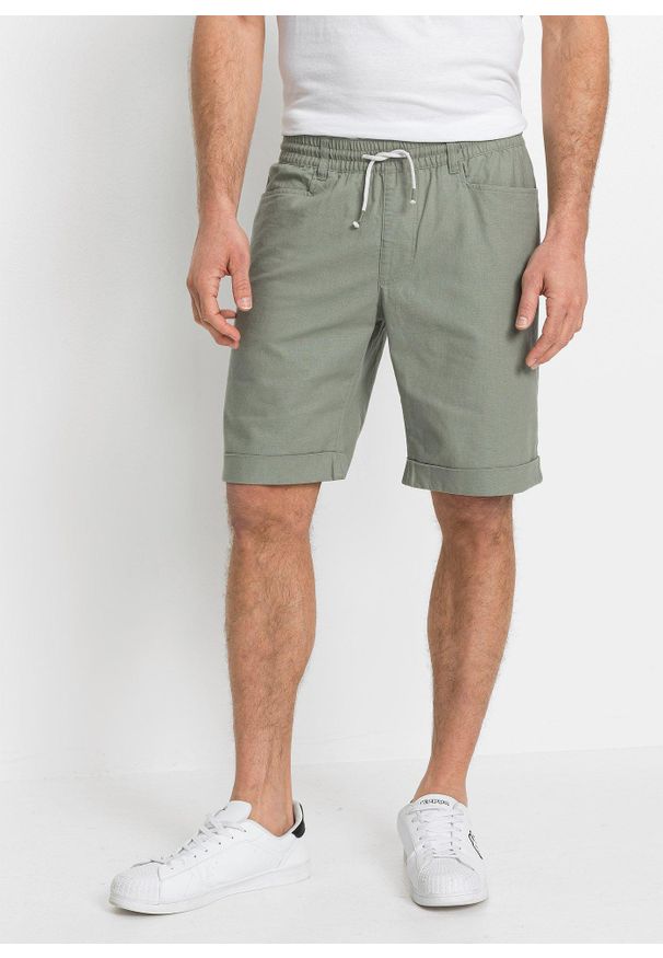 bonprix - Bermudy z gumką w talii, z przewiewnego materiału z lnem, regular fit. Kolor: zielony. Materiał: len, materiał