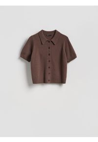 Reserved - Wełniany sweter polo - brązowy. Typ kołnierza: polo. Kolor: brązowy. Materiał: wełna