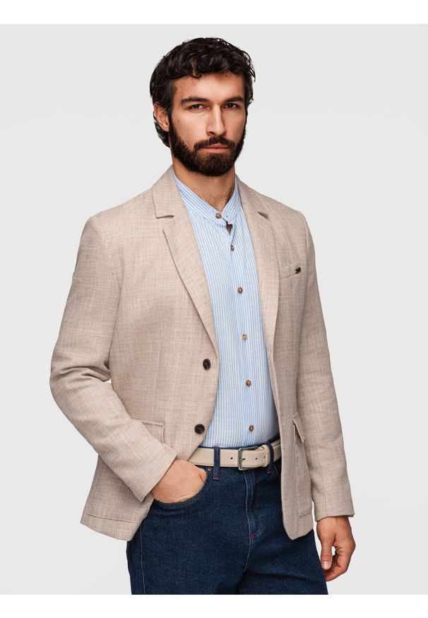 Ombre Clothing - Męska marynarka o kroju REGULAR z lnem - jasnobeżowa V2 - Rozmiar: XXL. Okazja: do pracy. Kolor: beżowy. Materiał: len. Wzór: aplikacja. Styl: elegancki, klasyczny