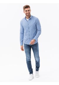 Ombre Clothing - Bawełniana koszula męska z printem w drobną kratę REGULAR FIT - biało-niebieska V2 K638 - XL. Kolor: biały. Materiał: bawełna. Wzór: nadruk #3