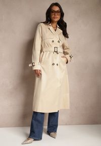 Renee - Beżowy Płaszcz w Stylu Trencza z Paskiem i Klamrą Sinthelle. Okazja: na co dzień, do pracy. Kolor: beżowy. Styl: elegancki, casual