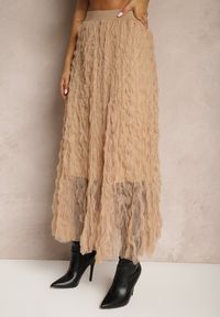 Renee - Brązowa Półtransparentna Spódnica z Tłoczeniami o Rozkloszowanym Kroju z Gumką w Talii Zeridra. Okazja: na co dzień. Kolor: beżowy. Styl: elegancki, casual #5