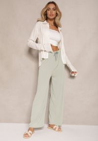 Renee - Jasnozielone Spodnie o Szerokim Kroju High Waist Ozdobione Sznurkami Harisna. Okazja: na co dzień. Stan: podwyższony. Kolor: zielony. Wzór: aplikacja. Styl: casual #2