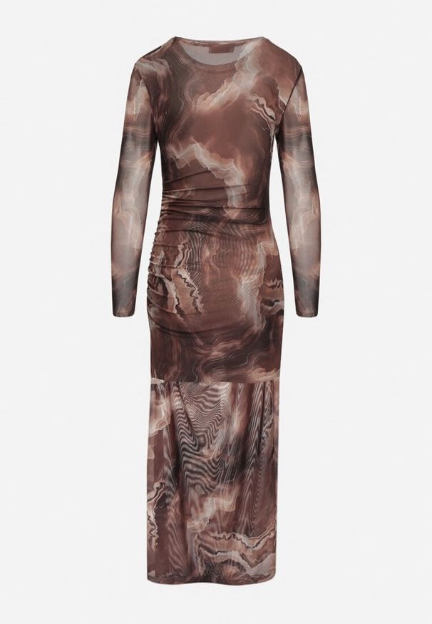 Born2be - Brązowa Siateczkowa Sukienka z Wiskozą o Dopasowanym Kroju z Rozcięciem Nalorian. Okazja: na co dzień. Kolor: brązowy. Materiał: wiskoza. Typ sukienki: proste, dopasowane. Styl: casual, wizytowy