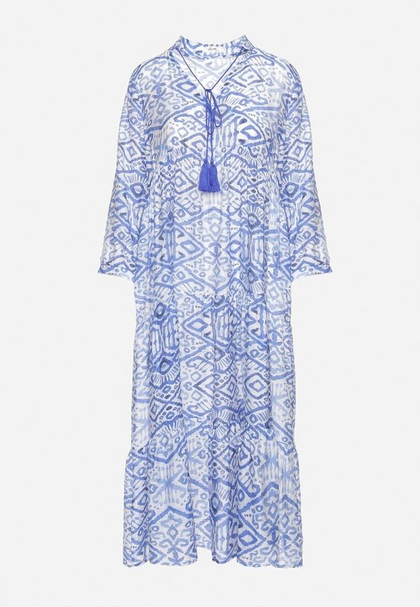 Born2be - Niebieska Rozkloszowana Sukienka w Stylu Boho Wiązana przy Dekolcie z Falbankami Dimasia. Okazja: na spacer. Typ kołnierza: kołnierz z falbankami. Kolor: niebieski. Materiał: materiał. Styl: boho